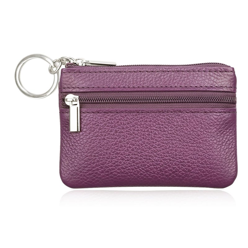 Hibate Purple Small Leather Coin Purse Change Pouch for Women Men Kids with Zip Key Ring - Image 3